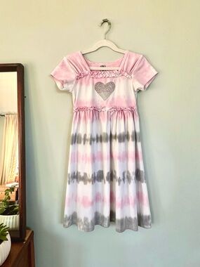 Vintage Mignone Girls Tie Dye Dress Rhinestone Heart Ruffle Empire Waist Size 8